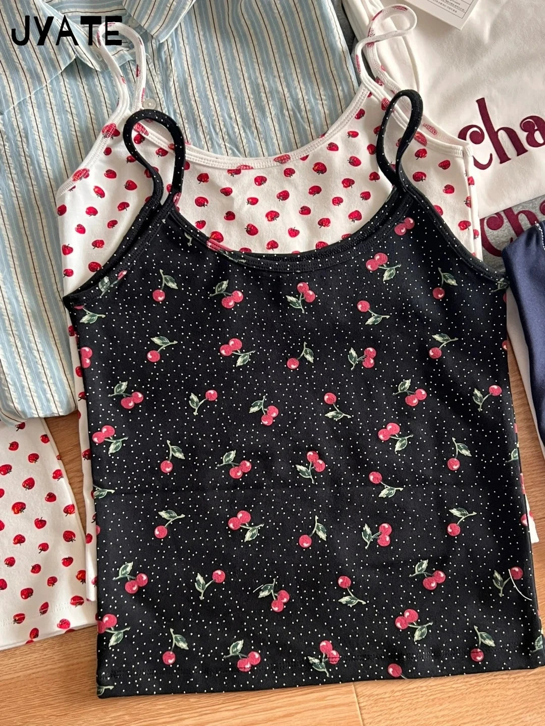 Cherry Print Patchwork Eyelet Camisole Women New Cotton Soft Casual Slim Sleeveless Cropped Vests Vintage Sweet Cute Tank Tops