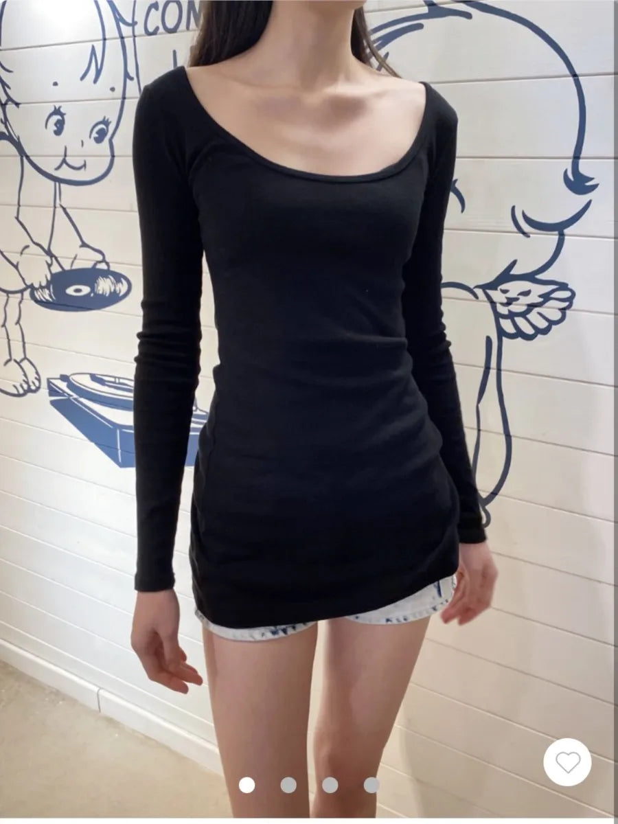 Vintage Black Hollow Out Long Sleeve Tees Women Casual Cotton Preppy Style Tops Clothes Streetwear Sweet Harajuku T-shirts Y2K