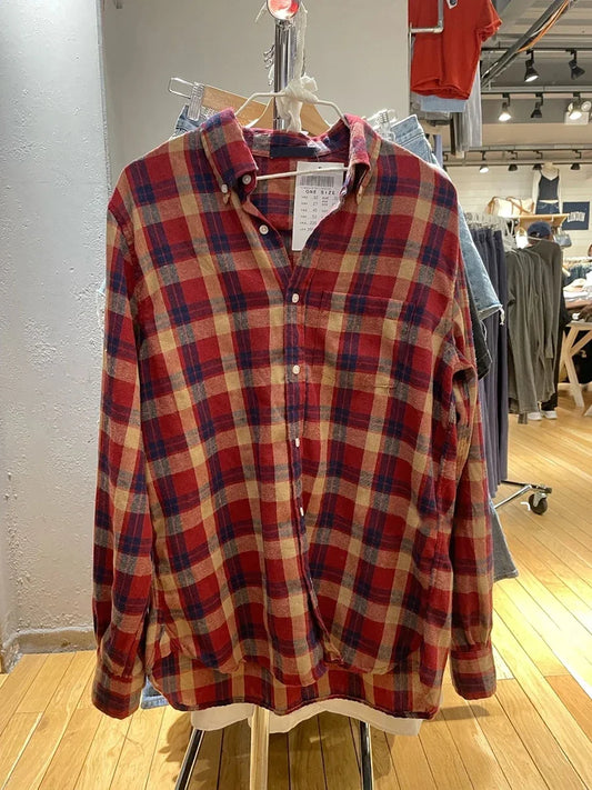 Chic Red Plaid Pocket Cotton Shirts Autumn Turn Down Collar Single-Breasted Cozy Loose Blouse Vintage Streetwear Oversized Tee