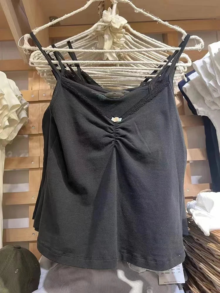 Harajuku Folds V-neck Bow Black Tank Tops Women Summer Lace Trim Cotton Sleeveless Slim Cropped Camisole Vintage Sweet Crop Top