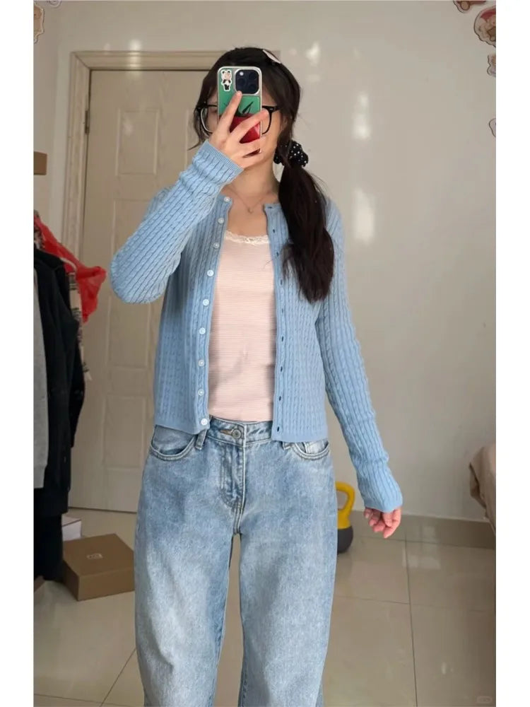 Light Blue Twsited Knitted Cardigan Women Spring Casual Simple Buttons Jumper Chic Preppy Style Sweet Sweaters Y2K