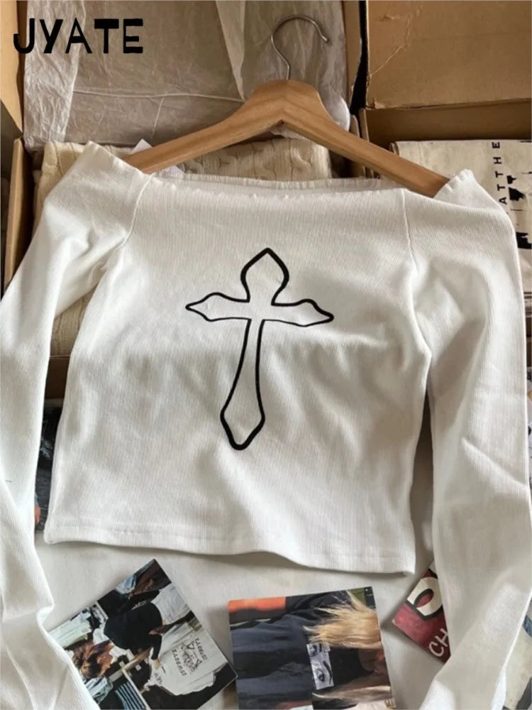 Cross Print Slash Neck Sexy T-shirts Women New Cotton Fashion Simple White Long Sleeve Tees Vintage Chic Sweet Tops Clothes Y2K