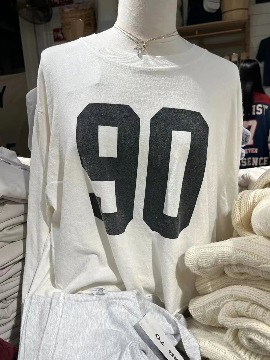 Fashion 90 Digital Print Cotton Long Sleeve Tees Women New O-neck Loose Raw Hem Streetwear Tops Simple Vintage Chic T-shirts Y2K
