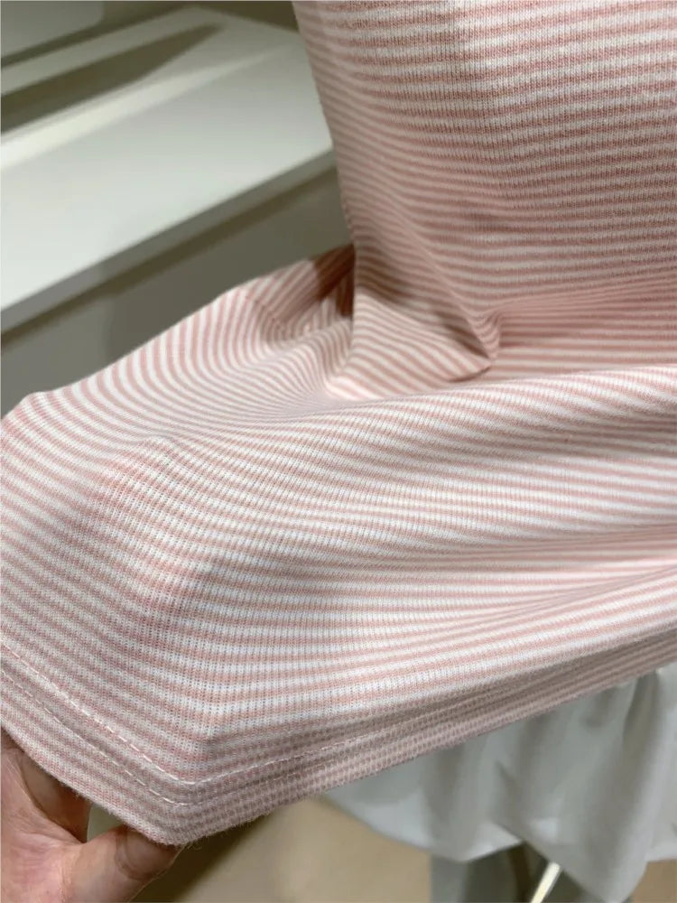 Pink Striped Crop Tops Women Summer Sexy Slash Neck Slim Cotton Short Sleeve Tees Female Chic Sweet Preppy Style T-shirts New