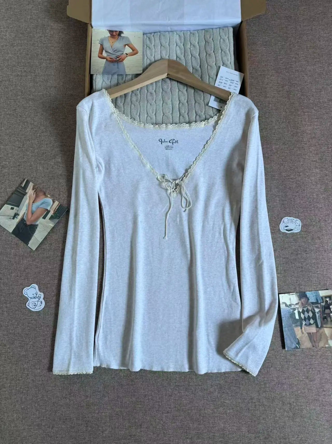 Purple Lace Trim V-neck T-shirts Women Spring Streetwear Chic Cotton Lace-up Long Sleeve Tees Sweet Cute Preppy Style Tshirt Y2K
