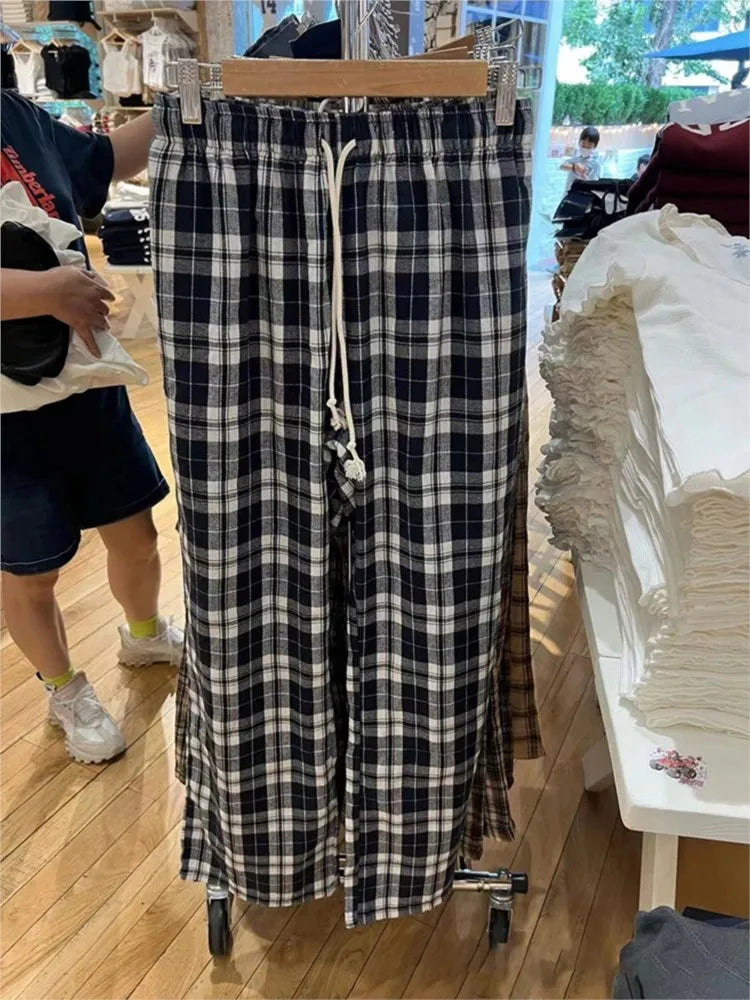Vintage Plaid Drawstring Sweatpants Women New Cotton Elastic Waist Straight Baggy Comfort Pants Casual Sweet Sports Trousers Y2K