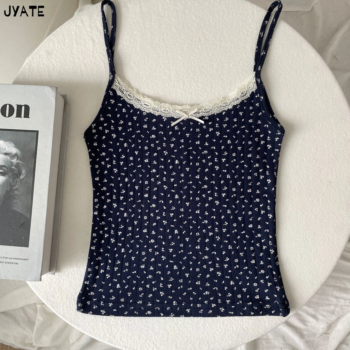 Lace Trim Floral Eyelet Tank Tops Women New Summer Cotton Bow Slim Preppy Style Cropped Vests Sweet Vintage Chic Camisole Y2K