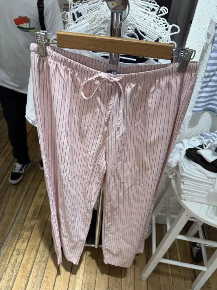 Pink Striped Drawstring Straight Sweatpants Women New Y2K Cotton Linen High Waist Trousers Sweet Preppy Style Sport Long Pants