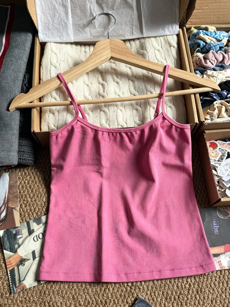 Cute Pink Slim Crop Top Women Summer Simple Cotton Basic Tank Tops Casual Preppy Style Sweet All-match Cropped Camisole