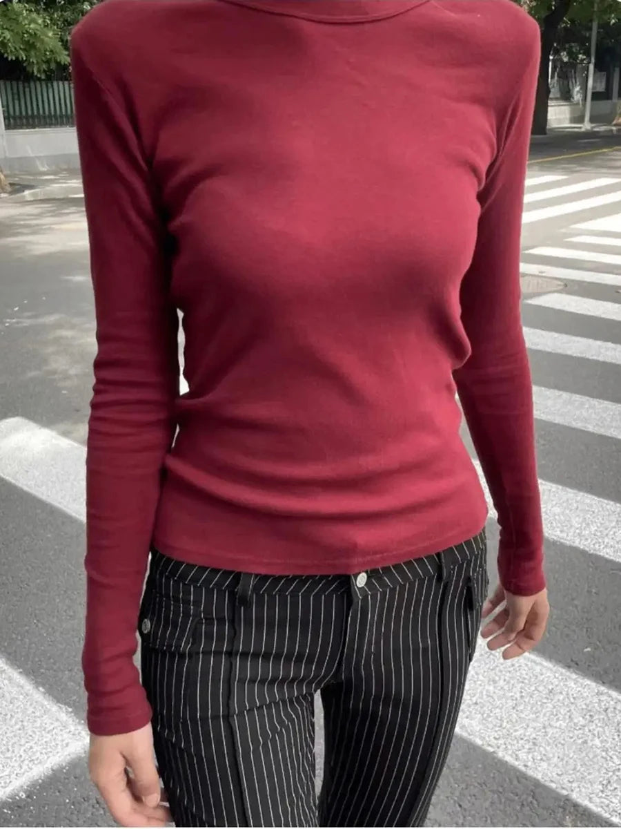 Army Green Long Sleeve Tees Women Autumn Simple Chic O-neck Slim Cotton Basic Tee Clothes Streetwear Vintage Casual T-shirts Y2K