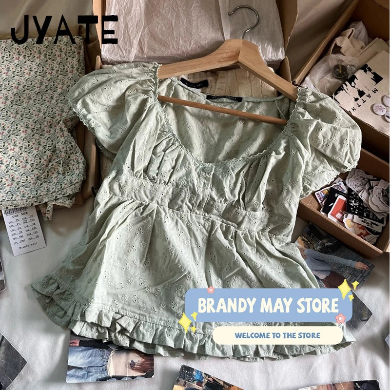 Fashion White Floral Embroidery Cropped Tees Women New Cotton Button V-neck Puff Sleeve Ruffles Tops Sweet Vintage Cute T-shirts