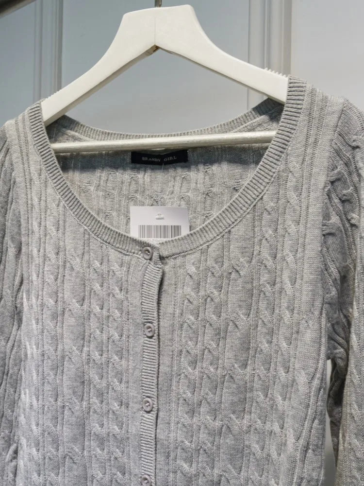 Gray Twisted Flower Slim Cardigans Women Streetwear New Solid O-neck Single-Breasted Autumn Sweater Cute Casual Sweet Knitwear