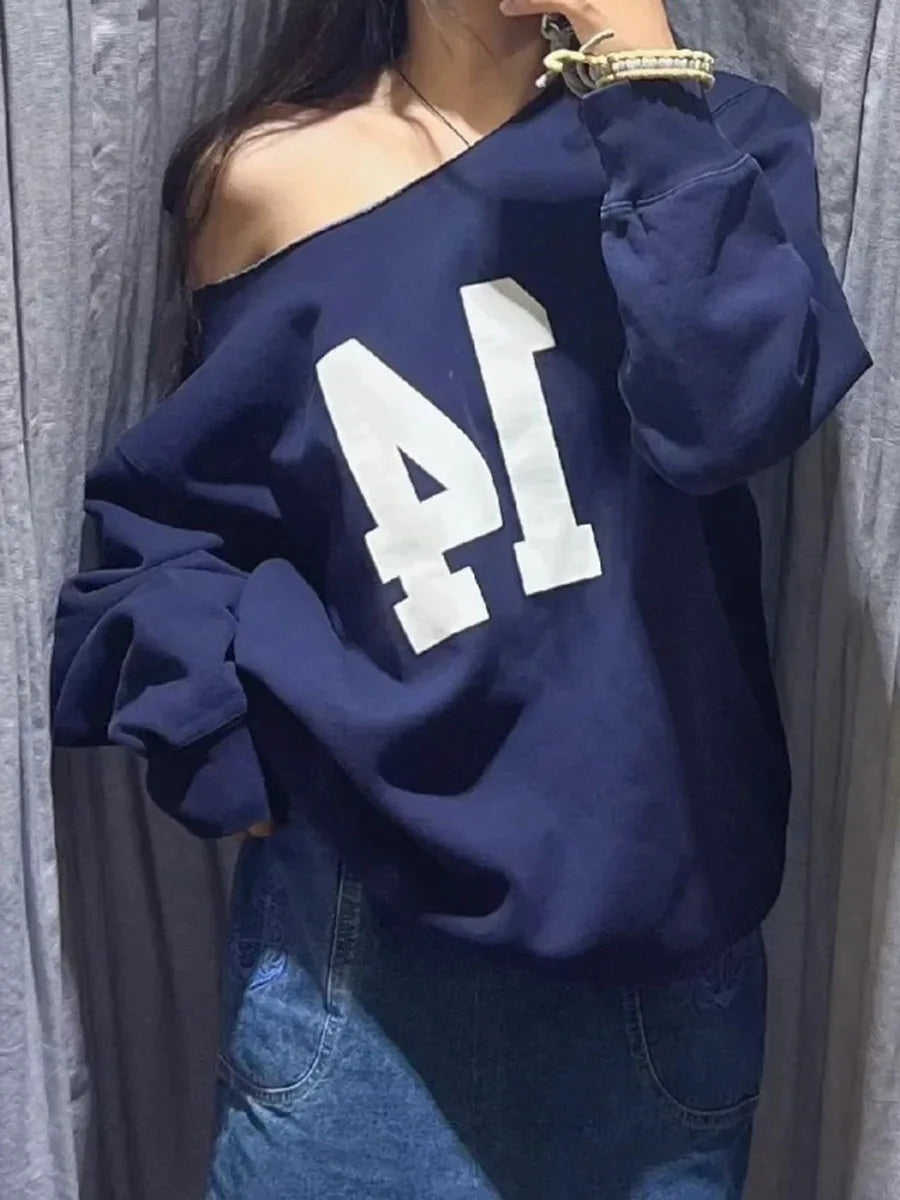 Letter Embroidery Scoop Neck Sweatshirt Women Autumn Streetwear Long Sleeve Cotton Loose Pullover Vintage Oversized Y2K Hoodie