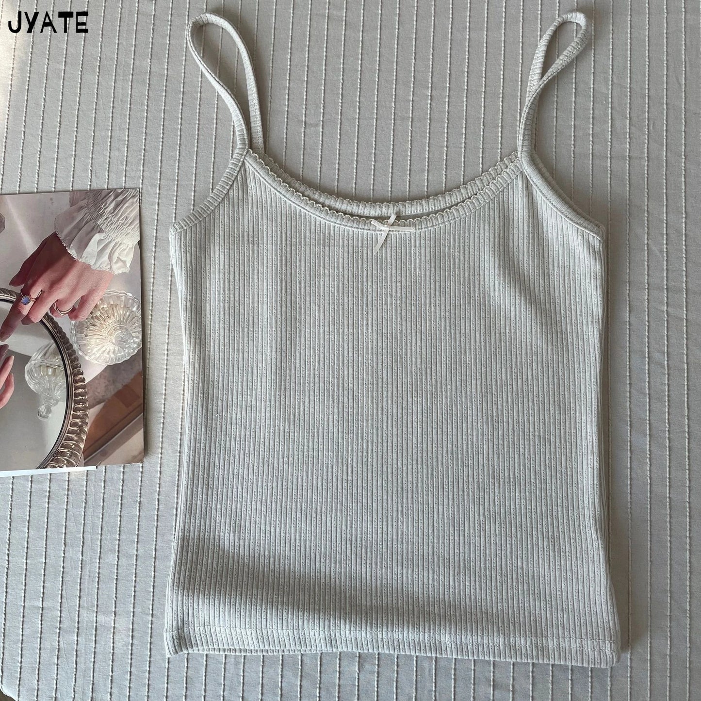 Solid Ribbed Bow O-neck Tank Tops Women Summer New Casual Fashion Slim Sleeveless Cropped Vests Vintage Sweet Cute Camisole Y2K