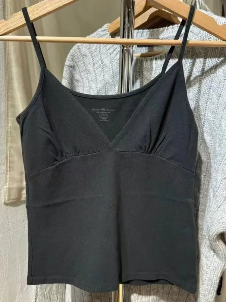 Solid Cotton V-neck Camisole Women Summer Casual Simple ALL-match Slim Sleeveless Vests American Vintage Sweet Tank Tops Y2K