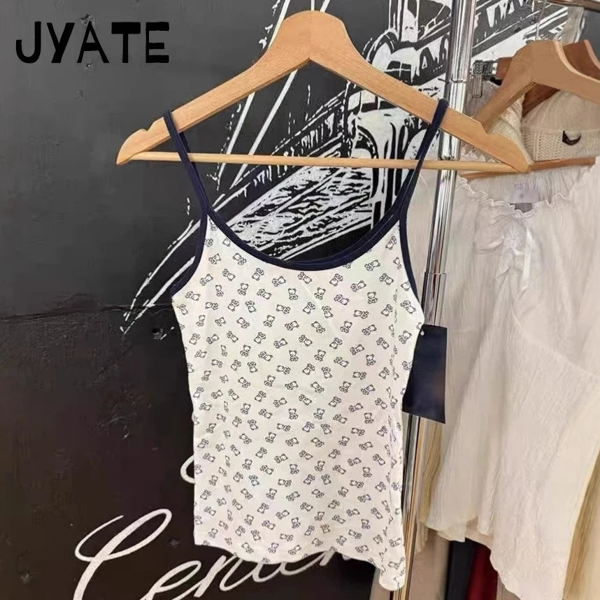 Cute Little Bear Print Slim Tank Tops Women New Casual Patchwork Sleeveless Vests Femme Streetwear Sweet Preppy Style Camisole