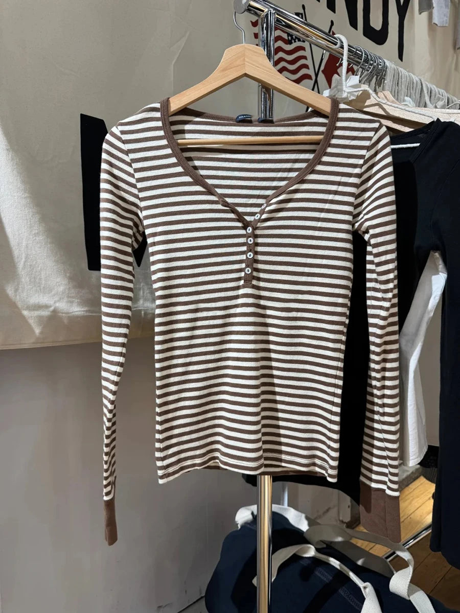 Brown Striped Long Sleeve Zelly Tops Women Casual Chic Cotton Buttons T-shirt Vintage Simple Preppy Style Slim Tshirt Y2K Tees