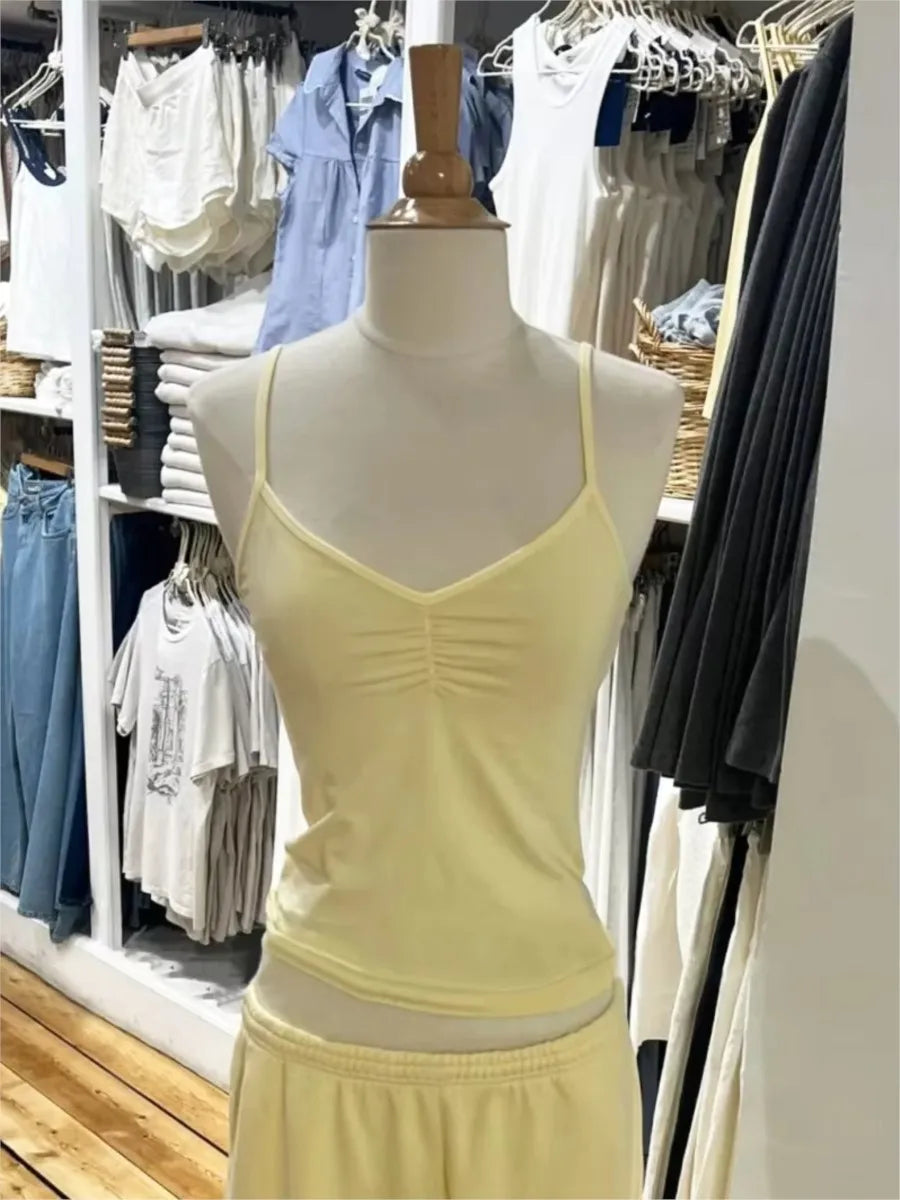 Yellow Folds V-neck Bow Black Tank Tops Women Summer All-match Cotton Sleeveless Slim Camisole Vintage Sweet Cute Crop Top Y2K