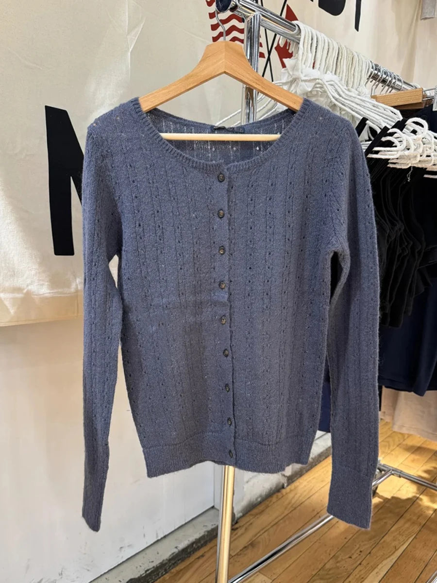 Hollw Out Mohair Long Sleeve T-Shirt Cardigan Women Autumn V-Neck Cotton Thin Smock Button Top Vintage Sweet Cute Tee Shirt Y2K