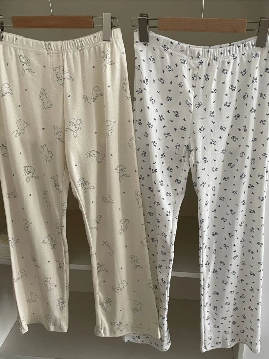 Cute Print Cotton Long Pants Women All-match Soft Elastic High Waist Pajama Trousers Sweet Vintage Preppy Style Home Pant Y2K