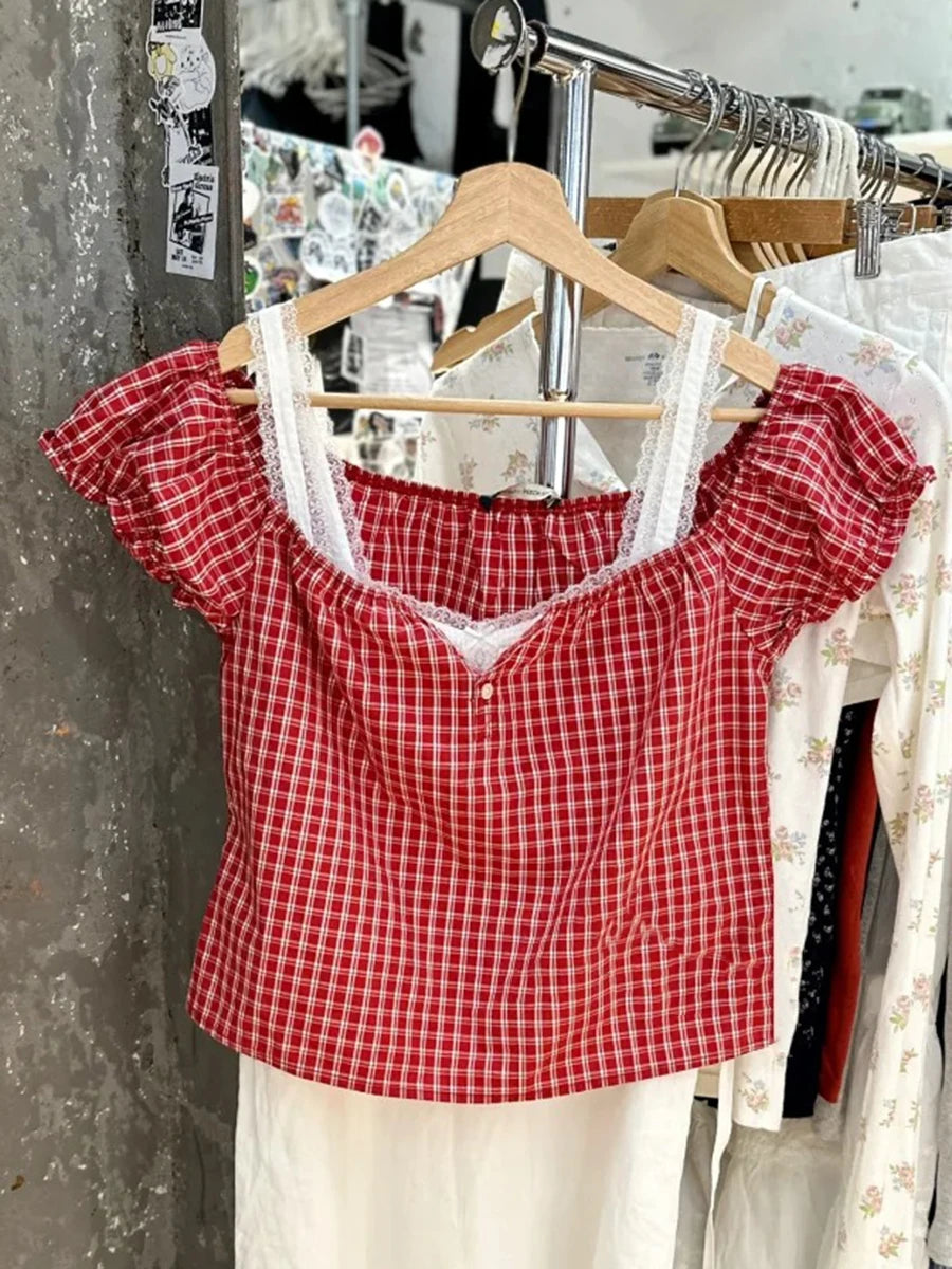 Red Plaid Ruffle Lace-up Cotton Short Sleeve Tees Women Casual Streetwear Button Tops Female Vintage Sweet Cute Y2K T-shirts