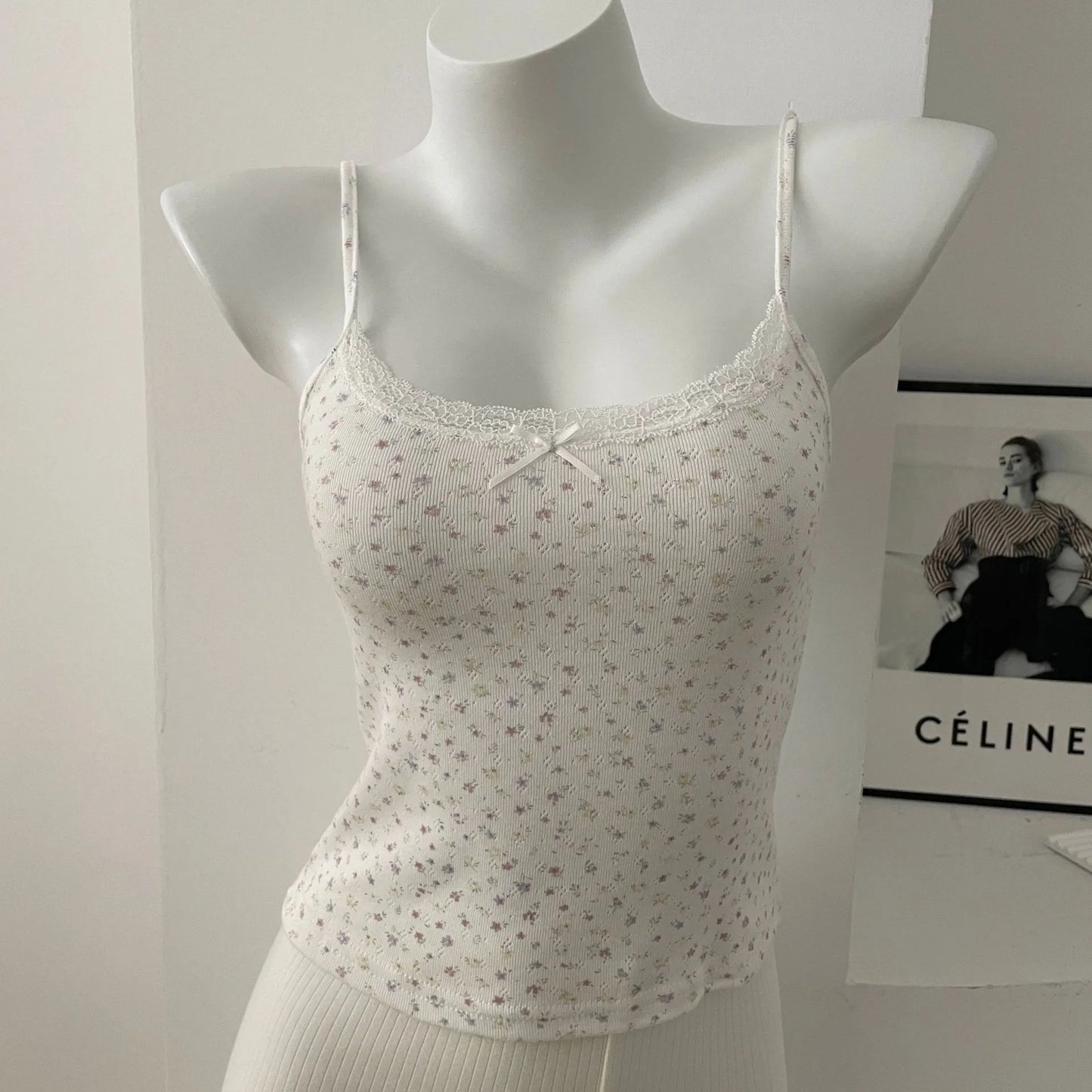 Sweet Floral Lace Trim Eyelet Tank Tops Women New Summer Cotton Bow Slim Preppy Style Cropped Vests Cute Preppy Style Chic Camis