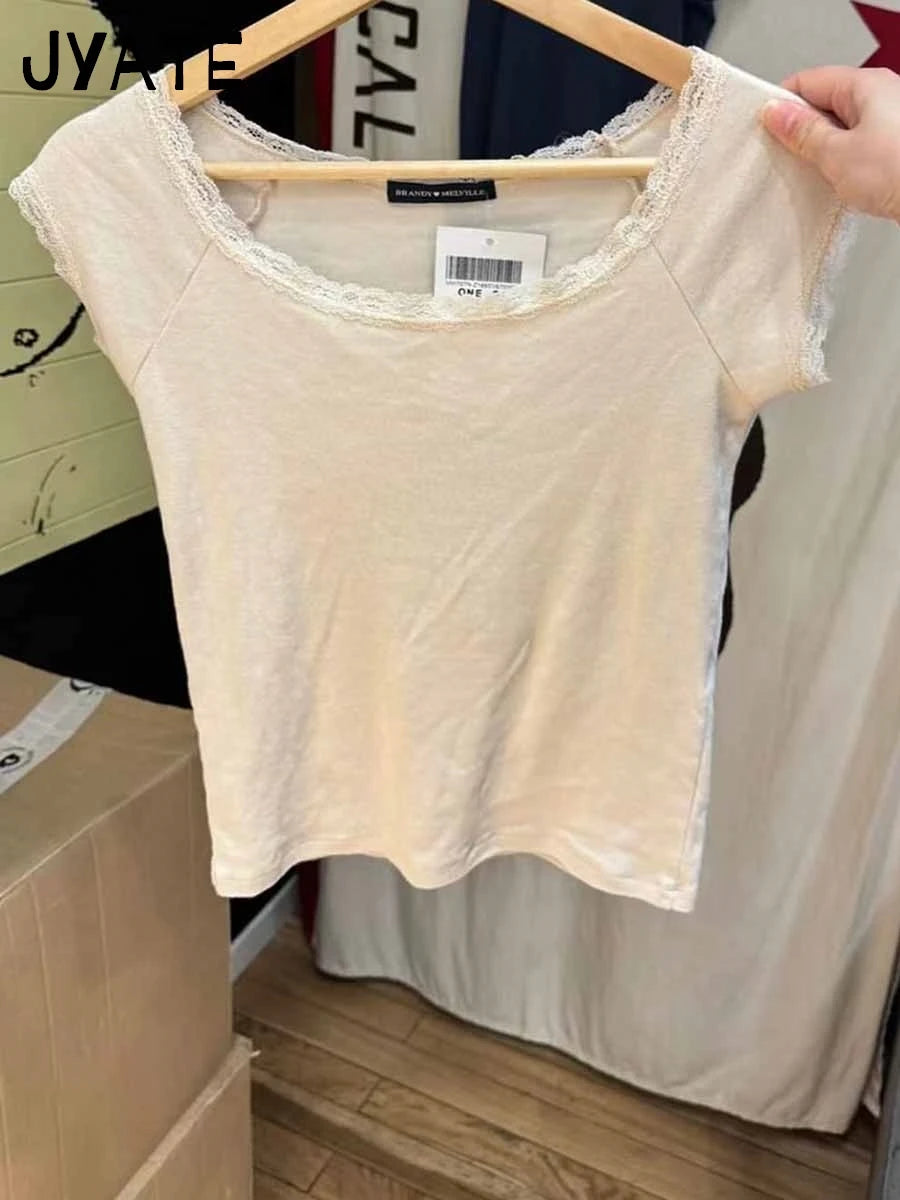 Blue Lace Trim Slim Slash Neck T-shirts Female New Cotton Casual Simple Short Sleeve Tees Vintage Chic Sweet Tops Women Clothes