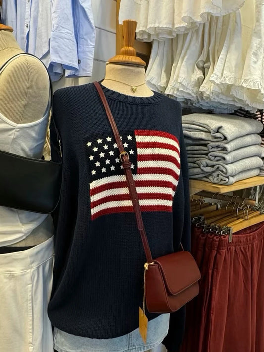 Retro Flag Jacquard Graphic Sweater Women Crew Neck Long Sleeve Jumper American Vintage Preppy Style Knitted Tops Pullover  Y2K