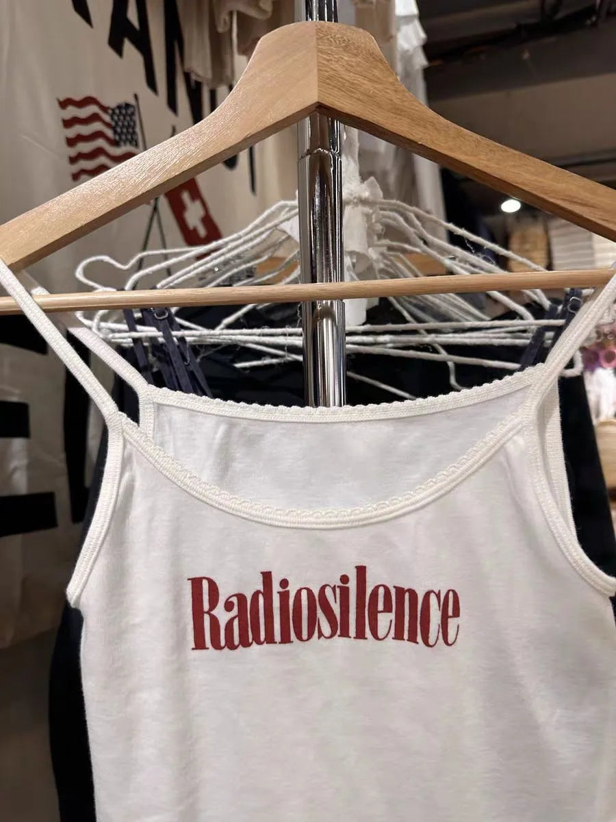 Letter Print Lace Trim Slim Tank Tops Women Summer Streetwear Sleeveless Cotton Camisole Female Sweet Preppy Style Simple Vests