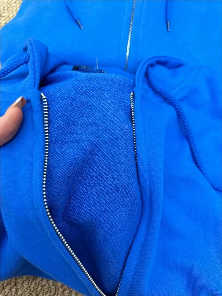Electric Blue Zipper Hoodies Women Autumn Loose Pockets Drawstring Hoodie Tops Vintage Sweet Preppy Style Y2K Sweatshirts Coat