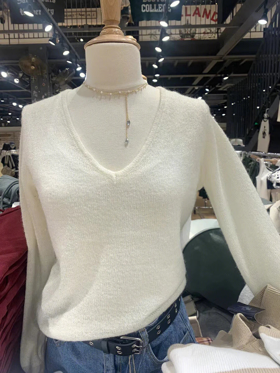 Sweet Beige Knit V-neck Long Sleeve Tees Women Autumn New Cotton Slim Chic Raw Hem Simple Tops Female Vintage Basic Y2K T-shirts