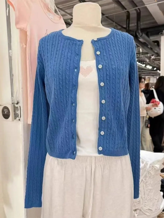 New Blue Twisted Flower Knit Cardigan Women Autumn Casual O-neck Single-breasted Slim Crop Tops Vintage Preppy Style Sweater Y2K
