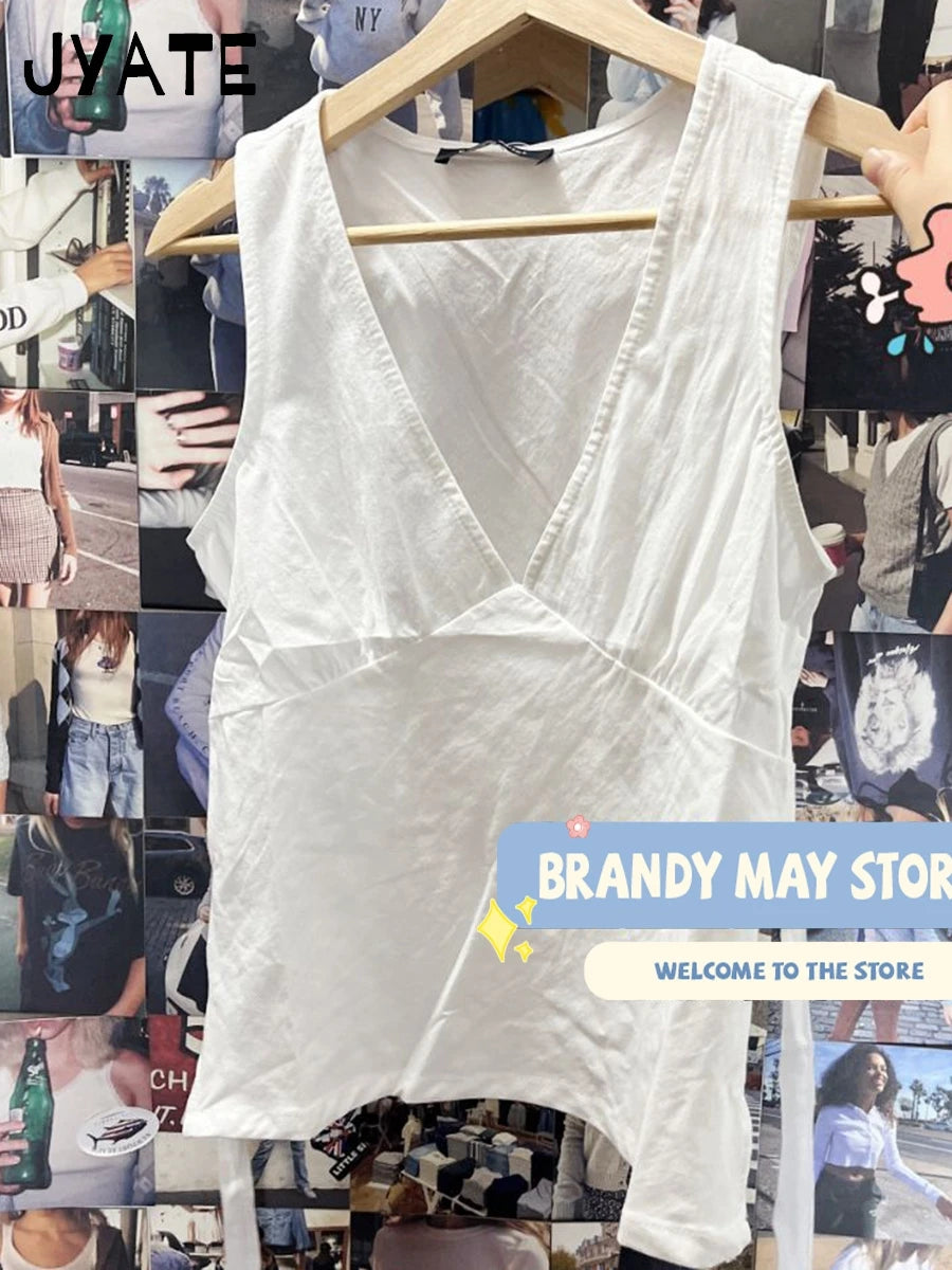 Simple Basic White V-neck Tank Tops Women 2024 New Cotton Streetwear Casual Slim Back Strap Vest Sweet Cute Vintage Camisole Y2K
