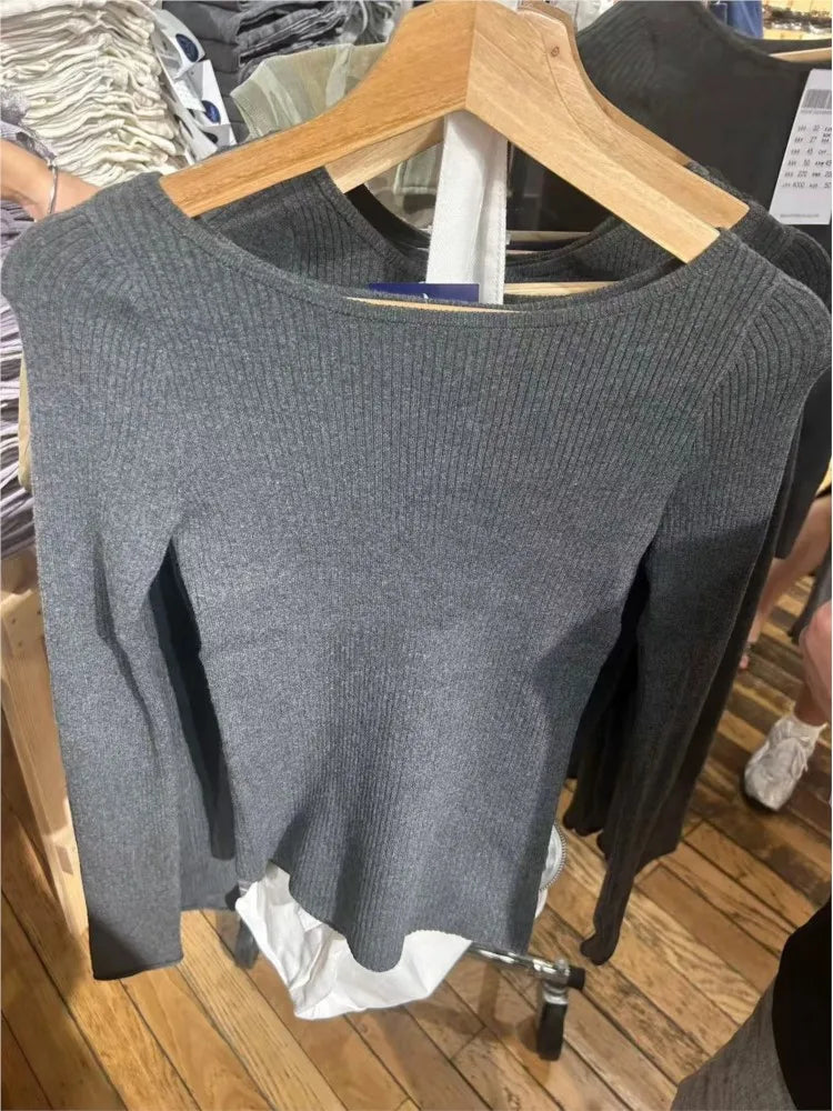 Fashion Gray Knitted T-shirts Women Autumn New Cotton Slash Neck Long Sleeve Slim Jumper Preppy Style American Sweaters Y2K Tops