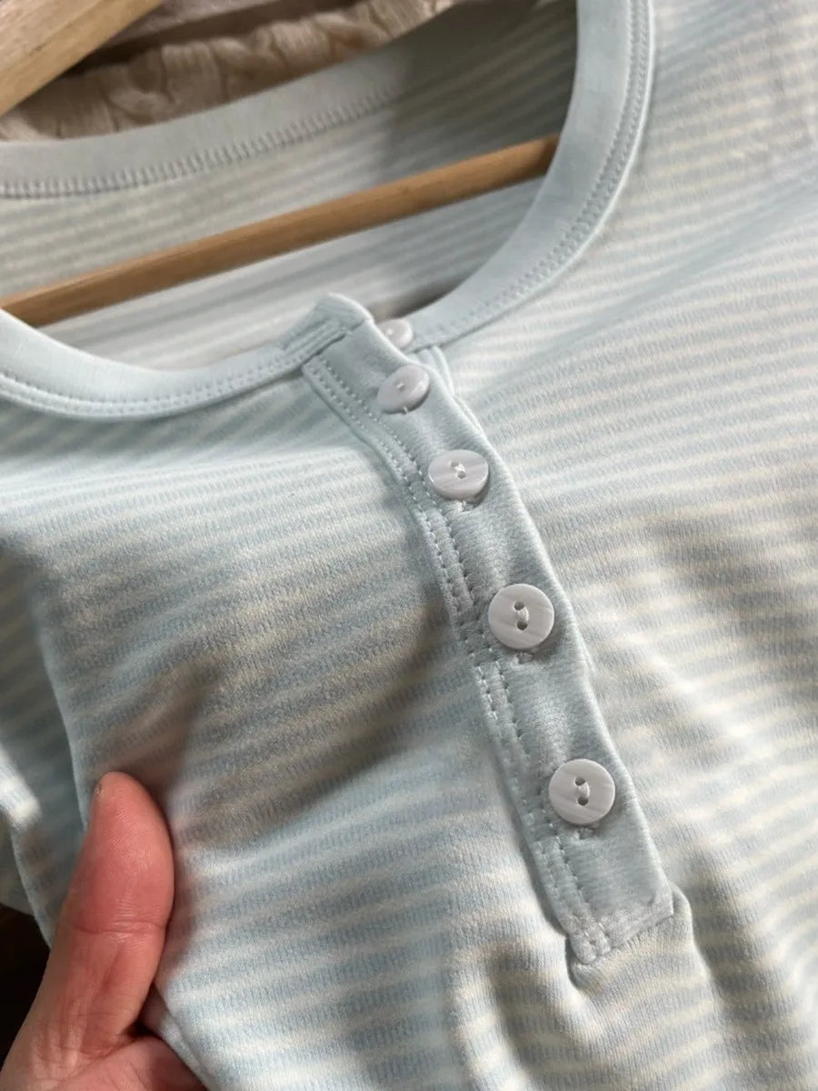 Blue Five Buttons Striped Long Sleeve T-shirt Women O-neck Cotton Slim Tee Shirts Female Casual Sweet Cute Tshirt Y2k Tops New