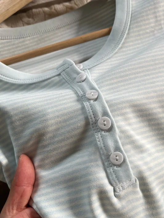 Blue Five Buttons Striped Long Sleeve T-shirt Women O-neck Cotton Slim Tee Shirts Female Casual Sweet Cute Tshirt Y2k Tops New