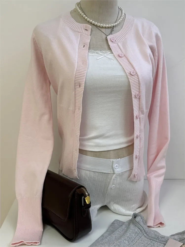 Pink Long Sleeve Knitted Cardigan Women Spring Simple Button Casual Jumper Shoujo Clothes Sweet Cute Preppy Style Sweater Top