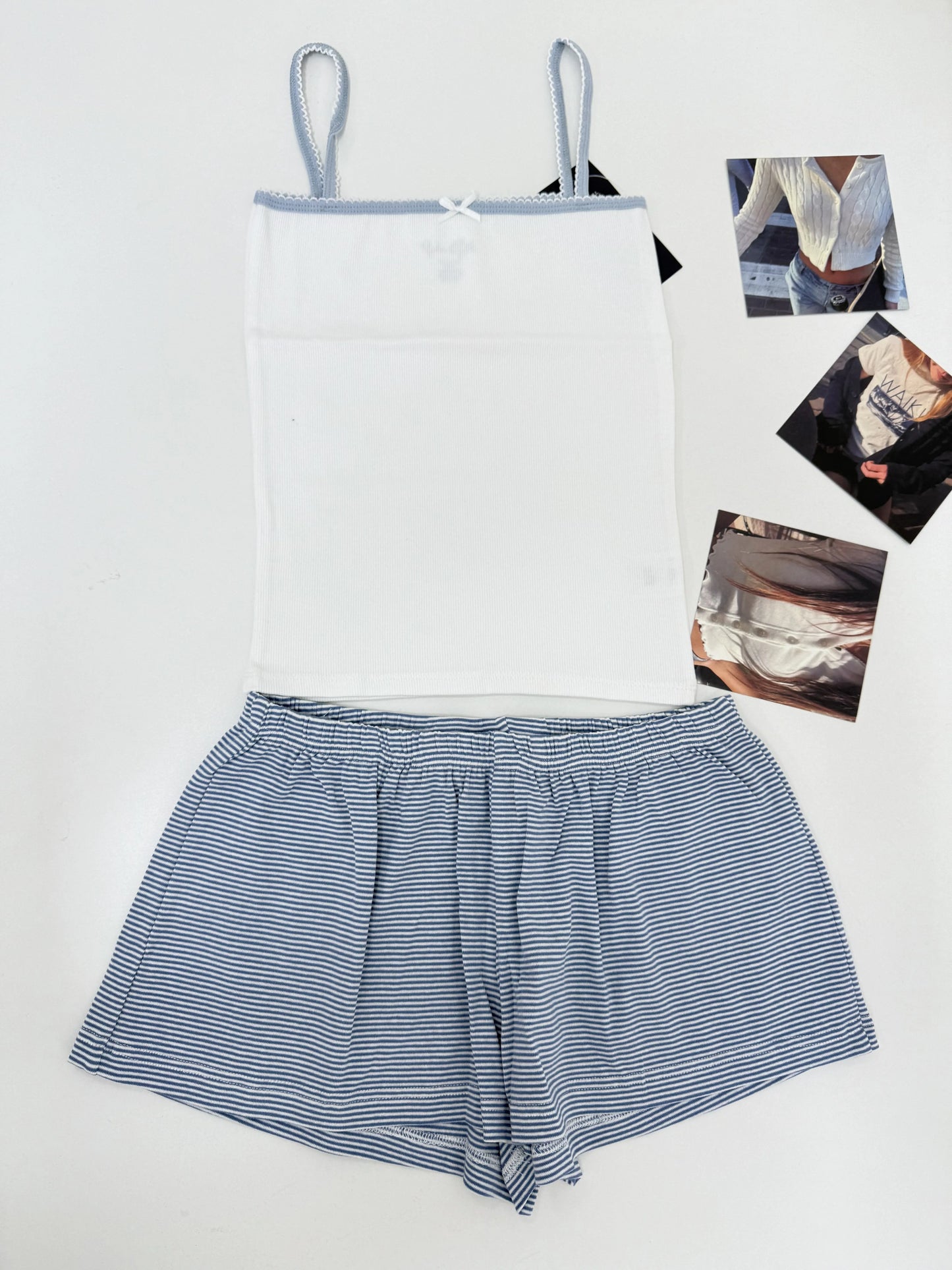 Striped Blue Home 2 Piece Sets Women Cotton Sleeveless Crop Top+Elastic Waist Straight Short Pant Vintage Tank Shorts Pajama Set