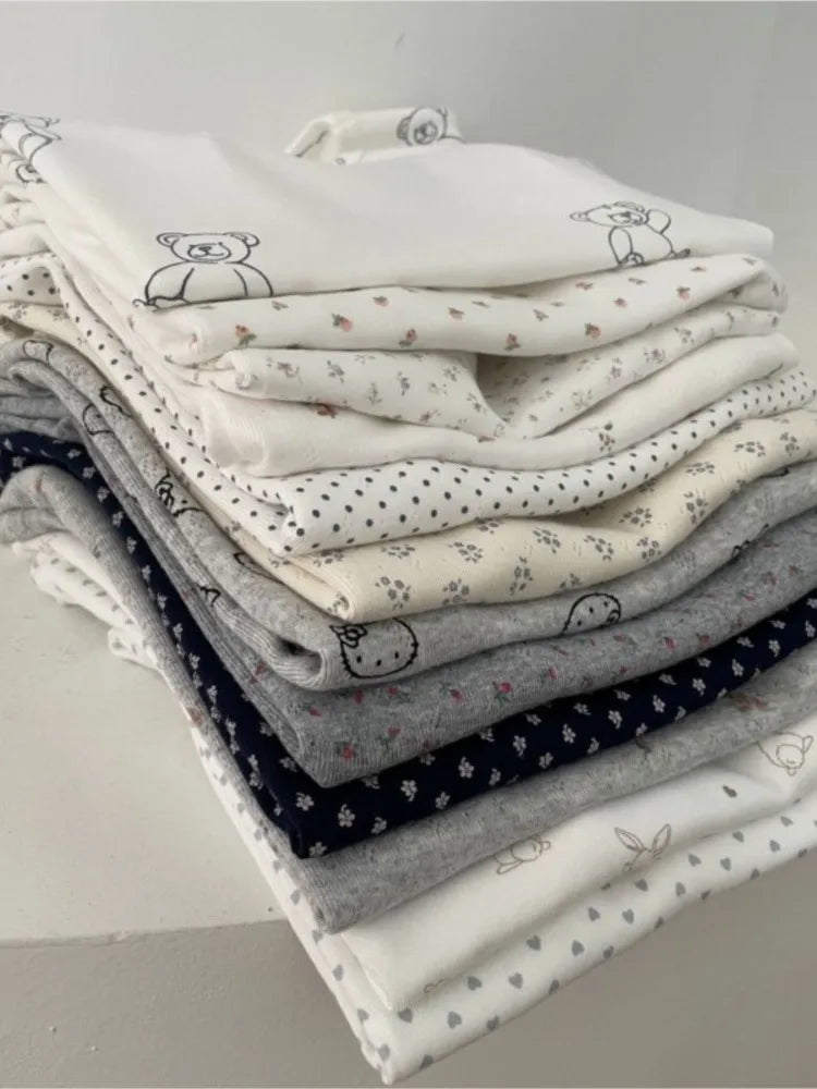 Eyelet Floral Print T-shirt Woman Summer Cotton Basic Round Neck Short Sleeve Tee Shirts Cute Sweet All-match Tshirt Y2K Tops