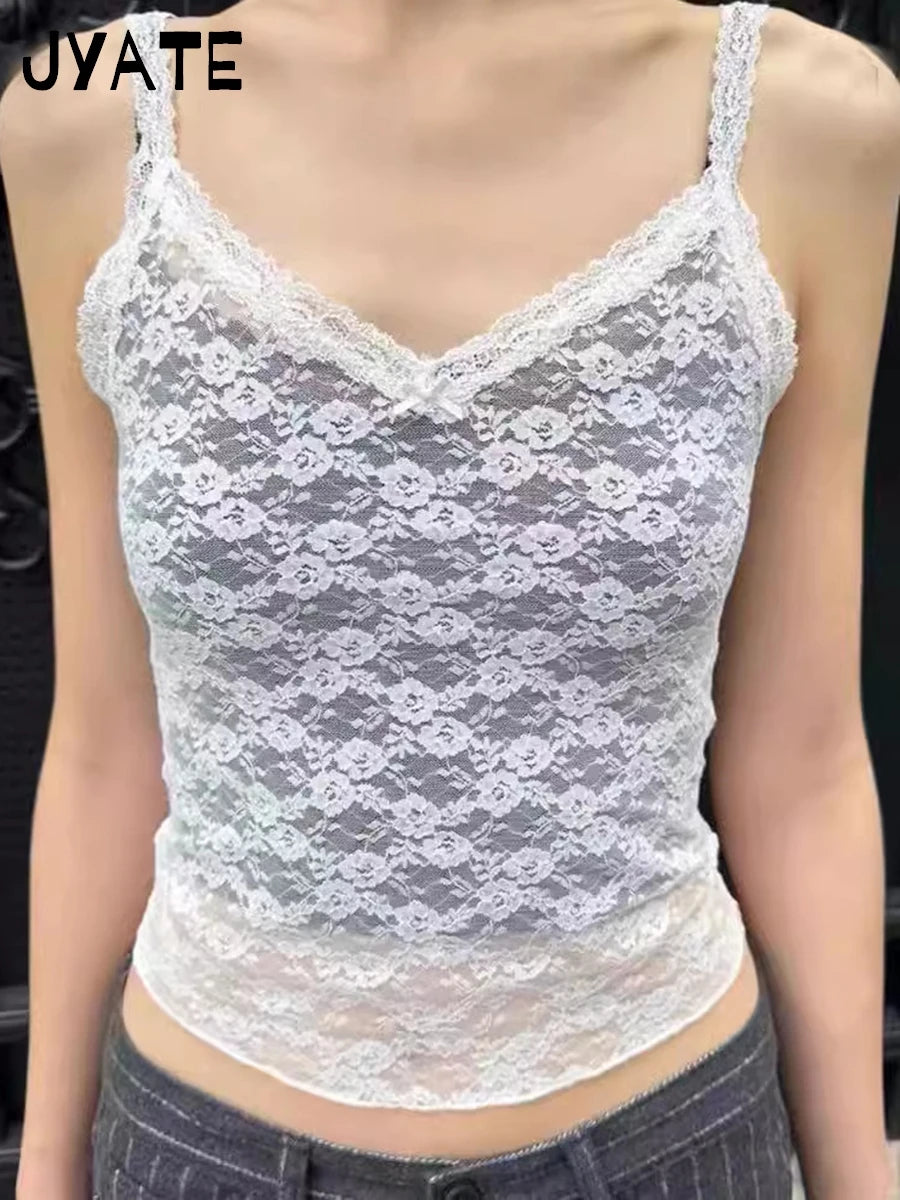 Lace Transparent Sexy V-neck Camisole Women New Streetwear Bow Thin Jacquard Sleeveless Vests Vintage Sweet Chic Tank Tops Y2K