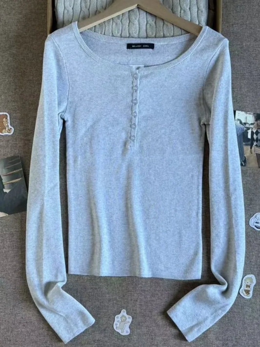 New Gray Crew Collar Long Sleeve T-shirts Women Autumn Twist Knitted Slim New Button Cotton Tees Sweet Cute Casual T Shirt Tops