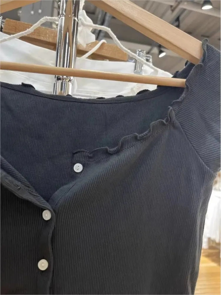 Black Fungus Trim Slim T-shirt Woman Summer Simple O-neck Ribbed Single Breasted Short Sleeve Cotton Tee Casual All-match Tops