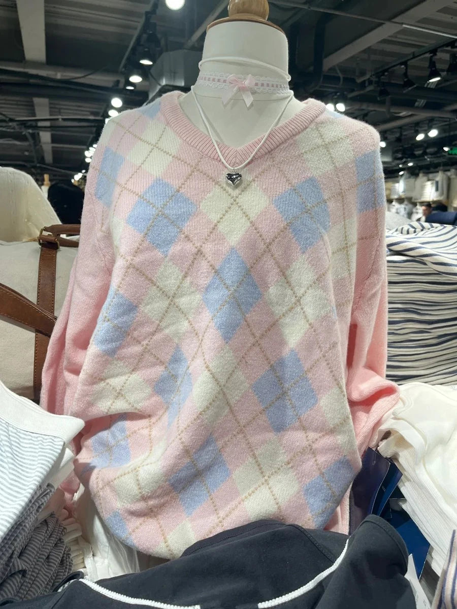 Fashion Loose Argyle Preppy Sweater Women Autumn Cotton V-neck Casual Long Sleeve Pullover Tops Streetwear Vintage Chic Jumpers