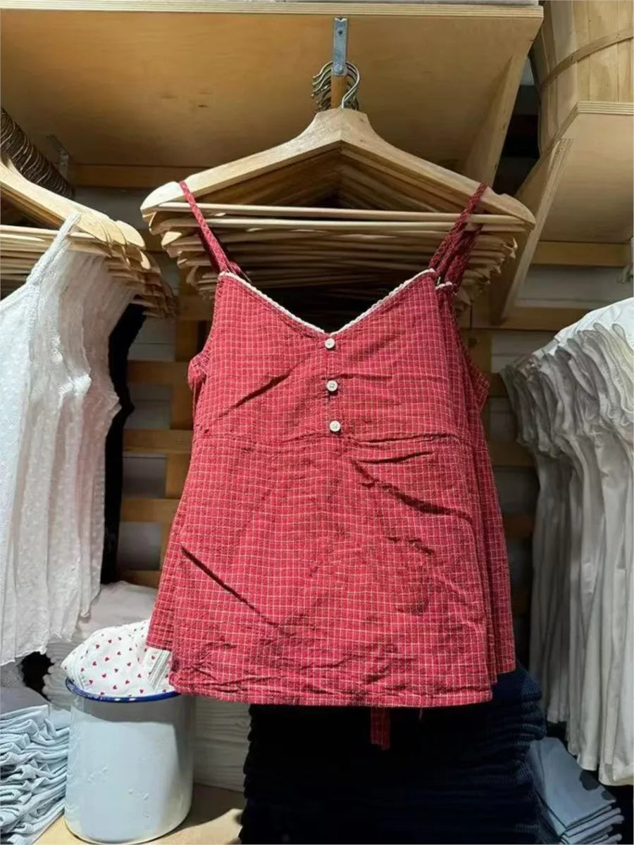 Vintage Red Plaid Buttons V-neck Camis Women Summer Casual Lace Trim Slim Simple Sleeveless Vests Sweet Preppy Style Tank Tops