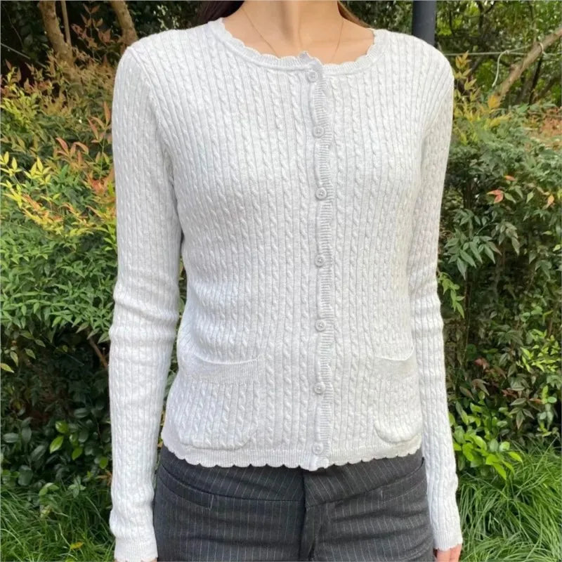 Gray Long Sleeve Knitted Cardigan Women New Simple Basic Cotton O-neck Casual Preppy Style Jumper Sweet Vintage Chic Sweater Top