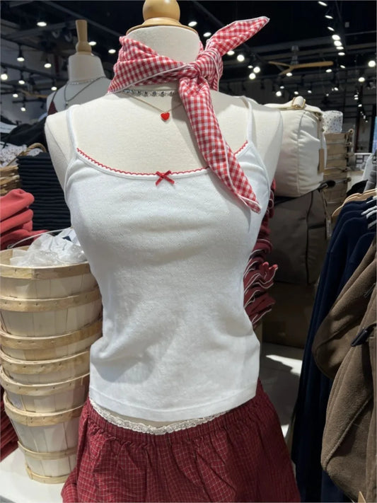 Heart Eyelet Red Bow Camisole Women Casual Slim Lace Trim Sleeveless Cotton Tank Top Female Sweet Cute Preppy Style Crop Tops