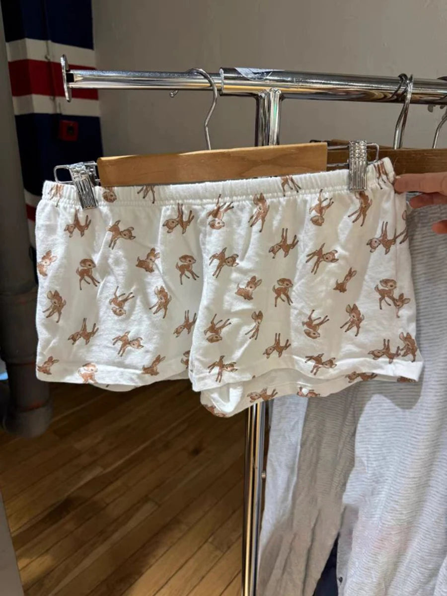 Cute Bear Bow Print Pajama Shorts Women Elastic High Waist Straight Short Pants Summer Sweet Home Underwear New Y2K Sweatshorts