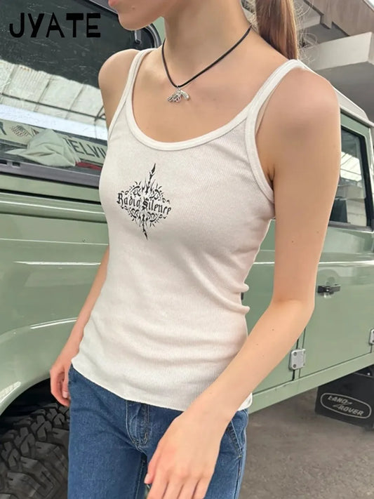 Retro Letter Print Ribbed Tank Tops Women Summer New Slim Casual Simple U-neck Sleeveless Vests Sweet Cute Vintage Camisole Y2K