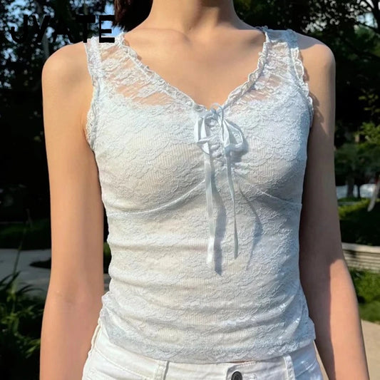 New Lace Sexy Transparent Solid Vests Women Solid Bow V-neck Lace-up Sleeveless Thin Tank Tops Sexy Streetwear Casual Crop Tops