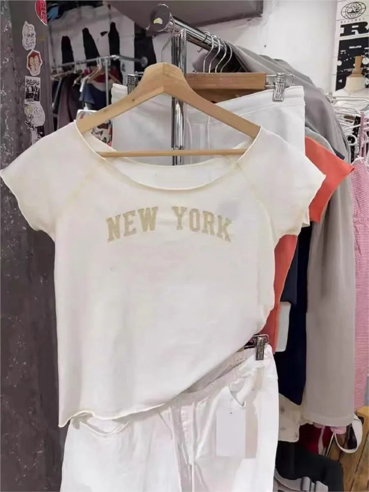 Letter Patchwork Embroidery T-shirts Women Casual Simple Raw Hem Slash Neck Short Sleeve Tees Vintage Chic Sweet Crop Tops Y2K